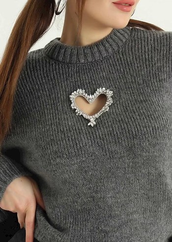 universal Beden Füme Kalpli Taşlı Tasarım Triko Kazak