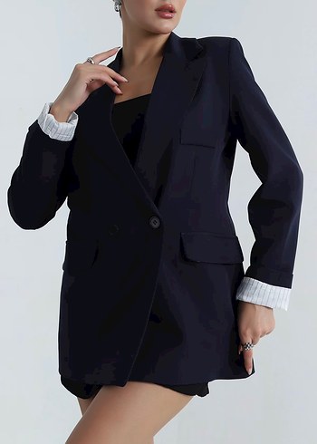 s Beden lacivert Renk Lacivert Kadın Çift Düğmeli Atlas Kumaş Blazer