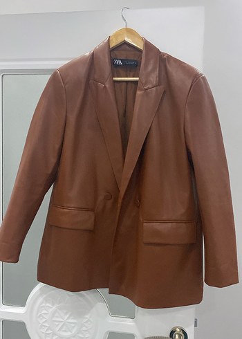 Zara Kadın Kahverengi Deri Midi Blazer