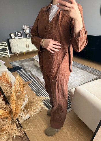 Kahverengi Keten Kadın Takım Elbise - Görsel 2