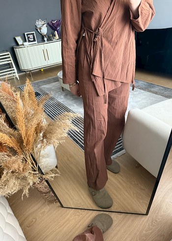 Kahverengi Keten Kadın Takım Elbise - Görsel 4