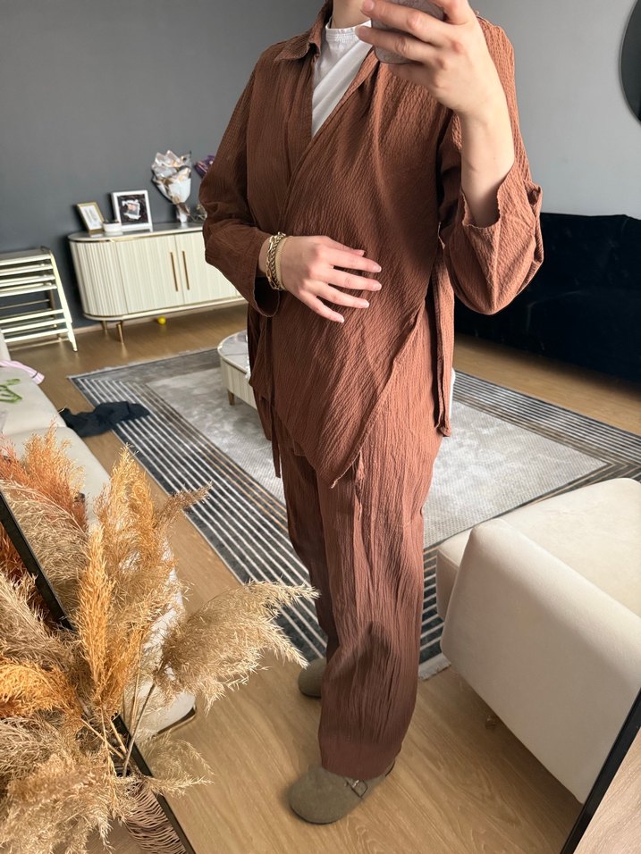 Kahverengi Keten Kadın Takım Elbise - Görsel 2