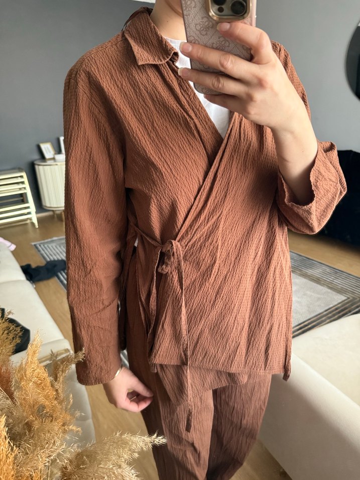 Kahverengi Keten Kadın Takım Elbise - Görsel 3