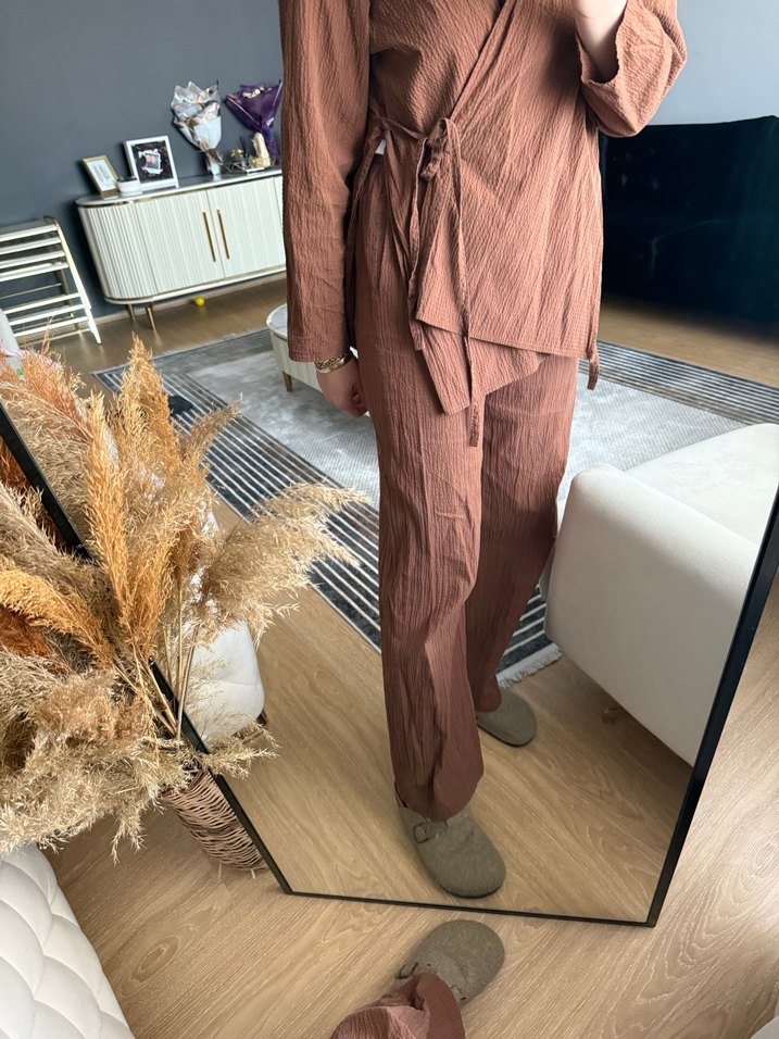 Kahverengi Keten Kadın Takım Elbise - Görsel 4