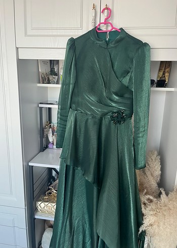 Drapeli Uzun Yeşil Kadın Abiye Elbise - Görsel 2