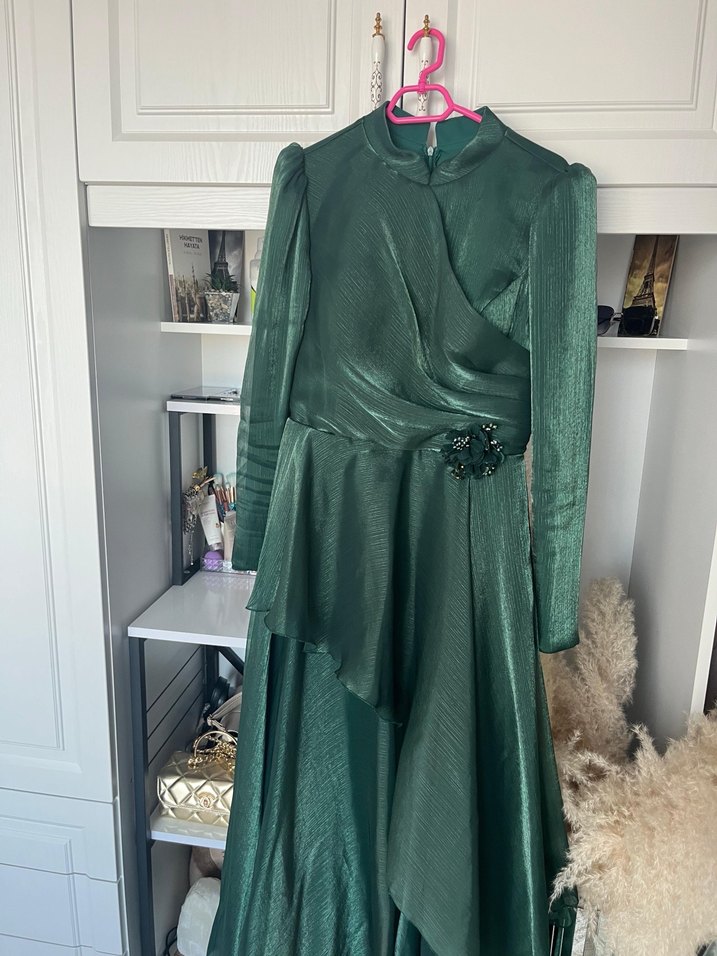 Drapeli Uzun Yeşil Kadın Abiye Elbise - Görsel 2