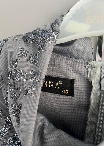 Uzun Kollu Gri İşlemeli Abiye Elbise - Görsel 3