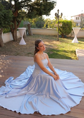 Drapeli Straplez Uzun Beyaz Nişan Elbisesi - Görsel 3