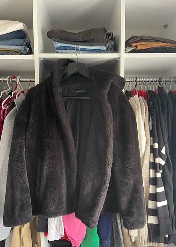 Zara Kadın Gri Midi Boy Suni Kürk Ceket
