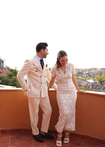 Dantel Detaylı Beyaz Midi Nişan Elbisesi - Görsel 2