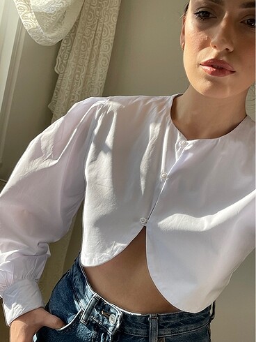 s Beden beyaz Renk Poplin Kol Crop Gömlek
