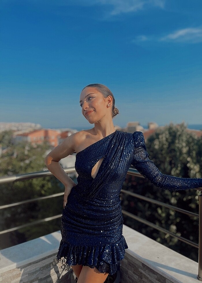 Gira Offical Lacivert Payetli Tek Omuz Elbise - Görsel 2