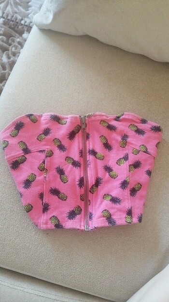 Pembe ananas desenli kolsuz crop 