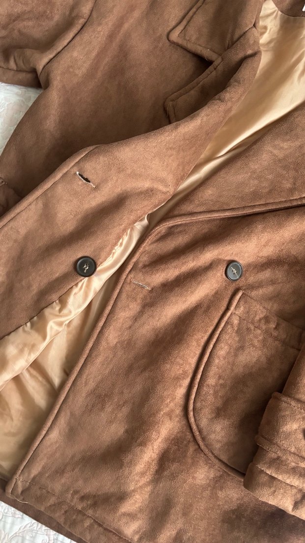 Düğmeli Kadın Kahverengi Süet Midi Ceket - Görsel 5