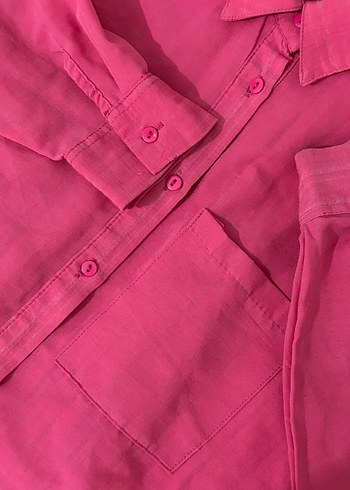 Pembe Keten Düğmeli Uzun Kollu Gömlek - Görsel 4