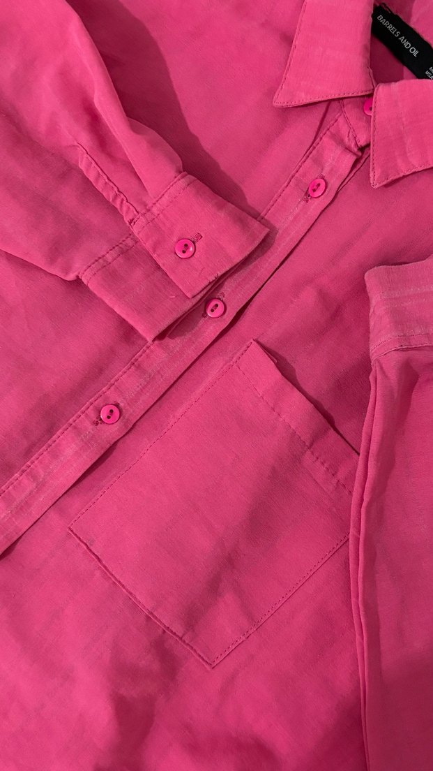 Pembe Keten Düğmeli Uzun Kollu Gömlek - Görsel 4