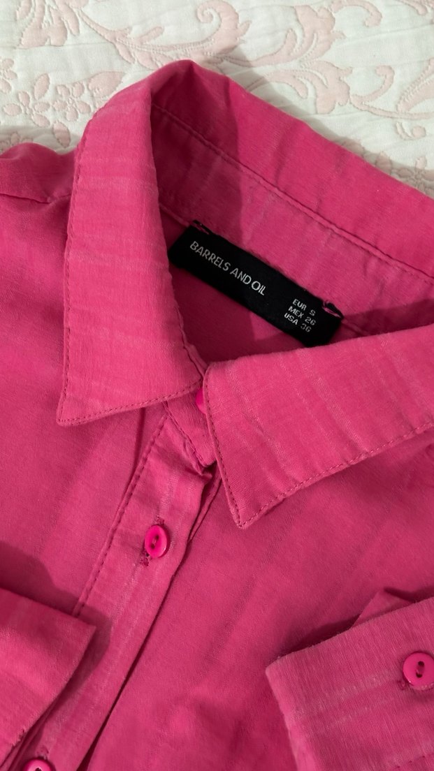 Pembe Keten Düğmeli Uzun Kollu Gömlek - Görsel 3