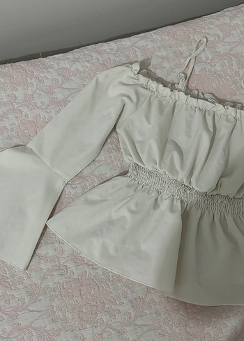 Beyaz Straplez Fırfırlı Bohem Bluz - Görsel 2