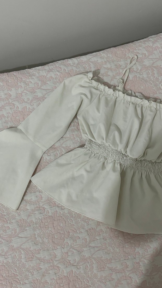 Beyaz Straplez Fırfırlı Bohem Bluz - Görsel 2