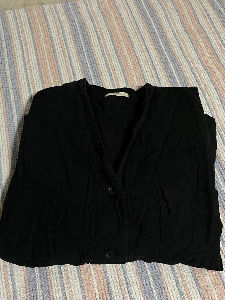 Düğmeli Siyah Keten Kadın Gömlek - Görsel 2