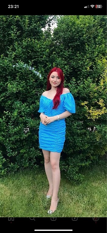 Mavi puantiyeli balon kol elbise