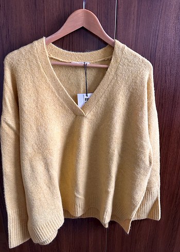 Pull&Bear Sarı V Yaka Örgü Kadın Kazak L beden - Görsel 4