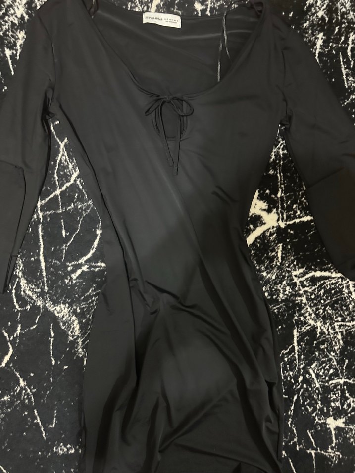 V Yaka Siyah Uzun Kollu Mini Elbise - Görsel 3