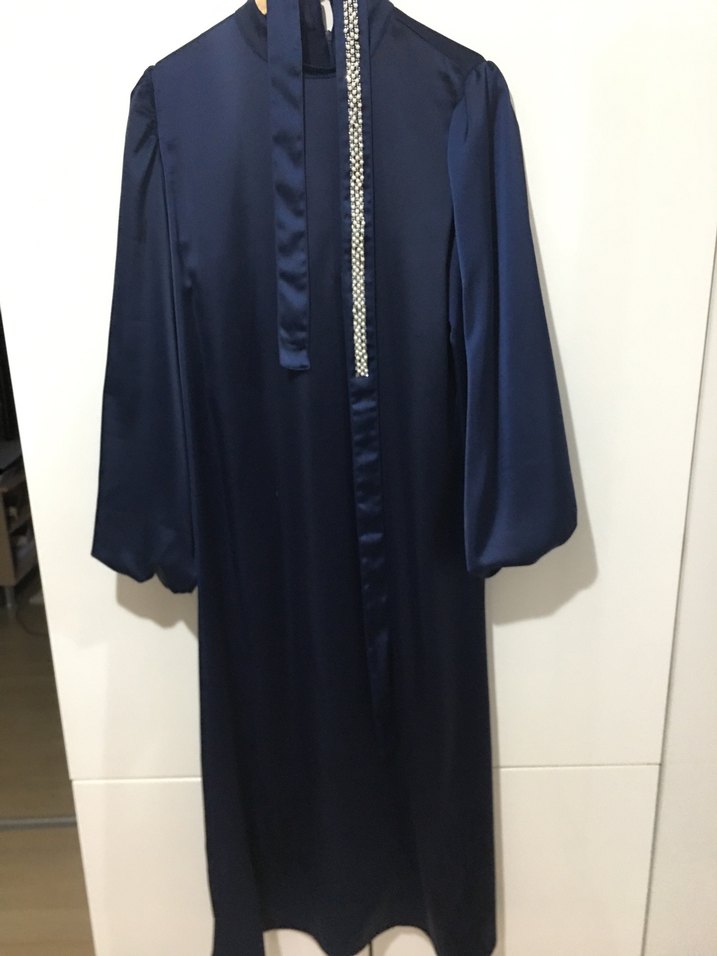 Kadın Lacivert Yüksek Yakalı Uzun Elbise - Görsel 3