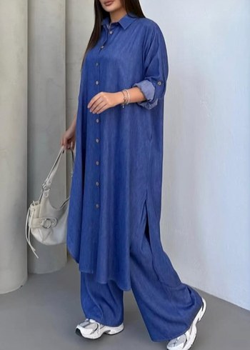 Düğmeli Uzun Mavi Denim Kadın Elbise
