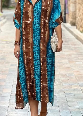 Kahverengi Mavi Batik Desenli Uzun Elbise