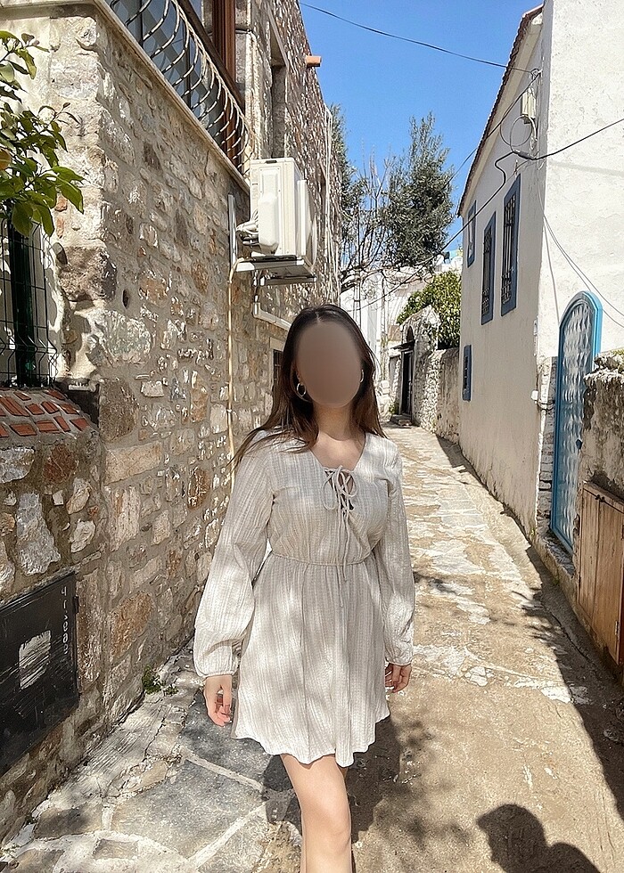 Bej çizgili elbise - Görsel 2