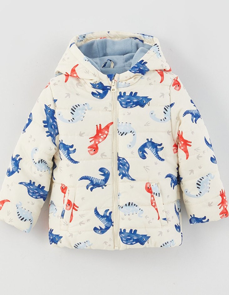 Kapüşonlu Dinozor Desenli Fermuarlı Erkek Bebek Mont - Görsel 3