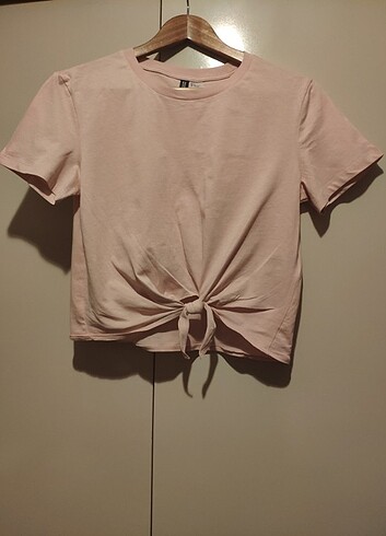 H&M Pudra Pembe Crop Bağlamalı Tişört S 