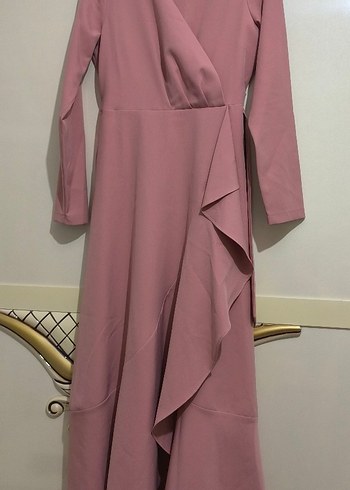 Pembe Uzun Drapeli V Yaka Elbise