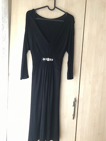 Siyah taş detay penye kumaş elbise diz altı boy - Görsel 6