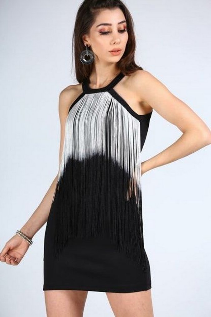 Püsküllü Siyah Uzun Abiye Elbise - Görsel 2