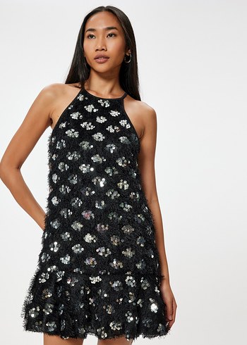 Siyah Payetli Straplez Midi Elbise - Görsel 3