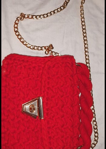 Kırmızı Örgü Kadın Çanta Zincir Detaylı - Görsel 5