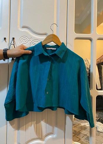 Düğmeli Mavi Keten Kadın Gömlek ve pantolon takım - Görsel 2