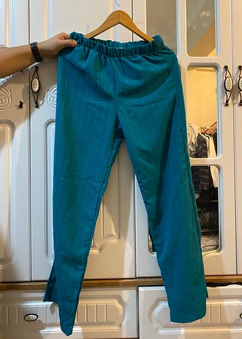 Düğmeli Mavi Keten Kadın Gömlek ve pantolon takım - Görsel 3