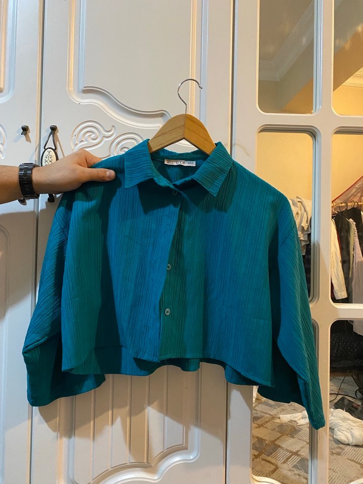 Düğmeli Mavi Keten Kadın Gömlek ve pantolon takım - Görsel 2