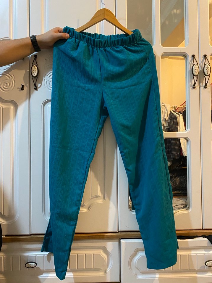 Düğmeli Mavi Keten Kadın Gömlek ve pantolon takım - Görsel 3