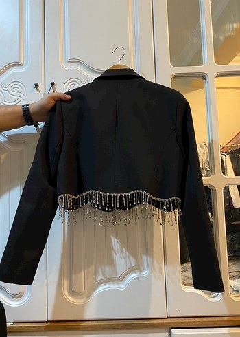 Siyah Midi Kadın Blazer Taş Zincir Detay - Görsel 2