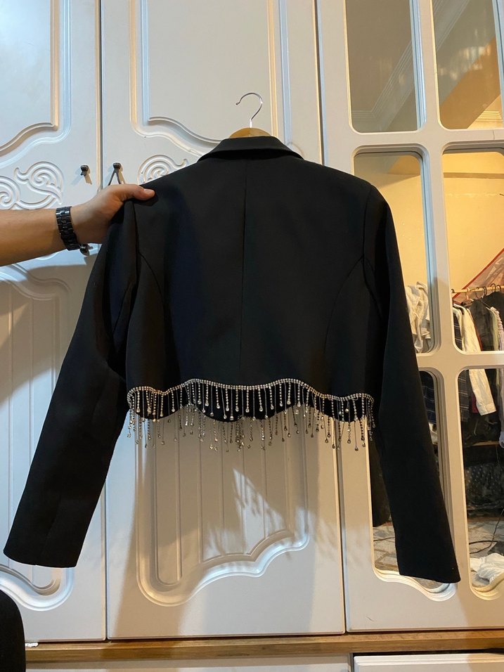 Siyah Midi Kadın Blazer Taş Zincir Detay - Görsel 2