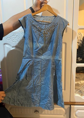 Nakış Detaylı Mavi Denim Bohem Elbise - Görsel 2