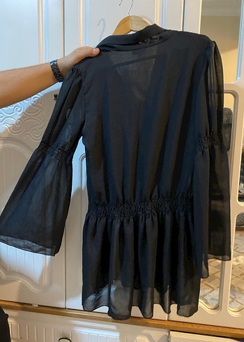 Drapeli Siyah Keten V Yaka Kadın elbise - Görsel 3