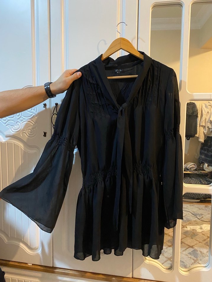 Drapeli Siyah Keten V Yaka Kadın elbise - Görsel 2