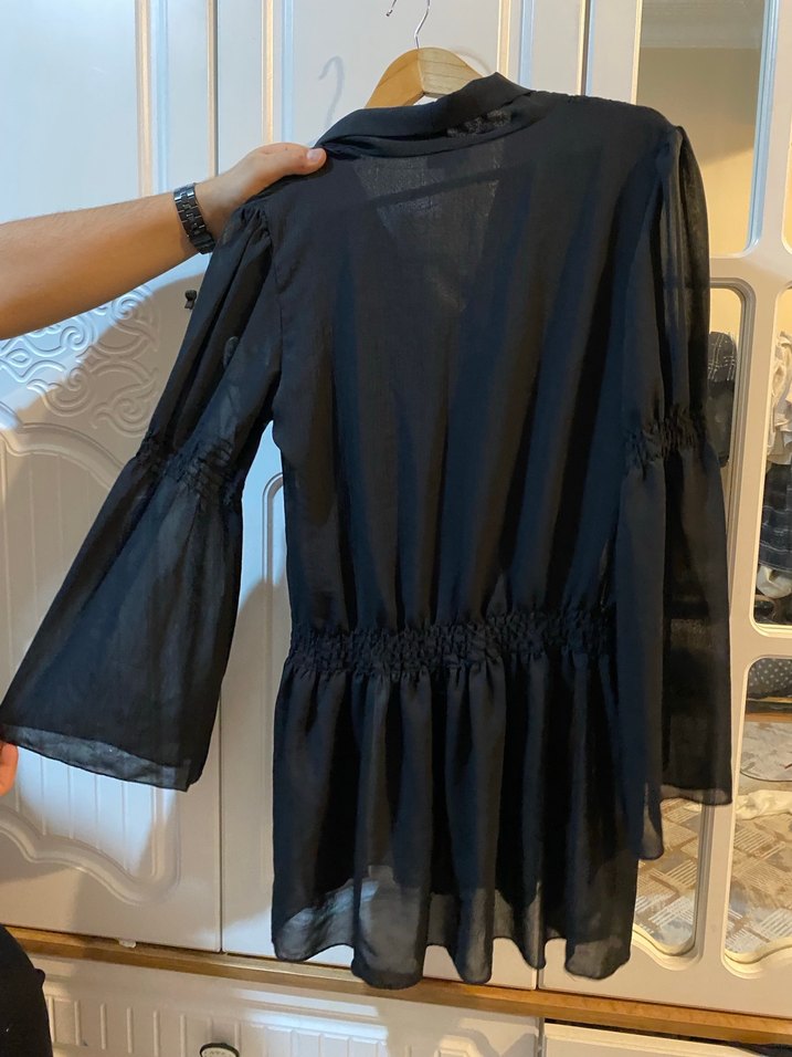 Drapeli Siyah Keten V Yaka Kadın elbise - Görsel 3