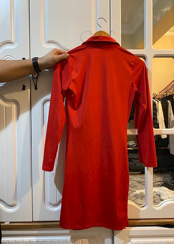 Uzun Kollu Kırmızı Drapeli Midi Elbise - Görsel 3