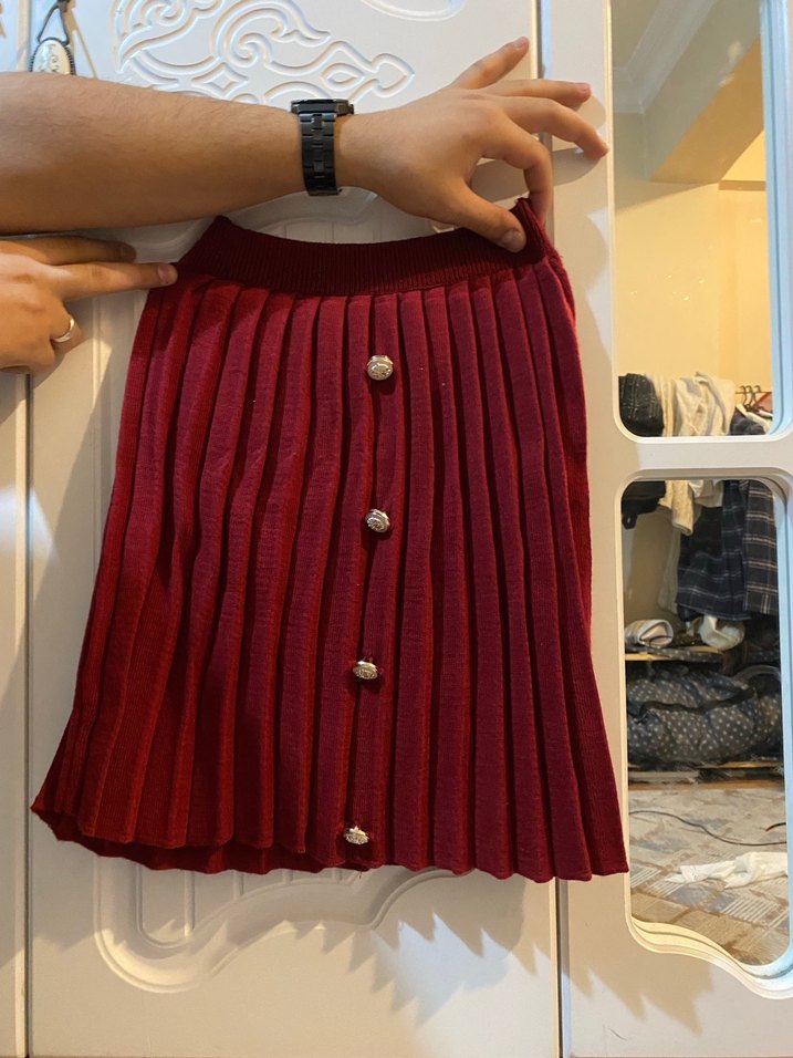 Bordo Süet Düğmeli Midi Yelek ve etek takım - Görsel 2